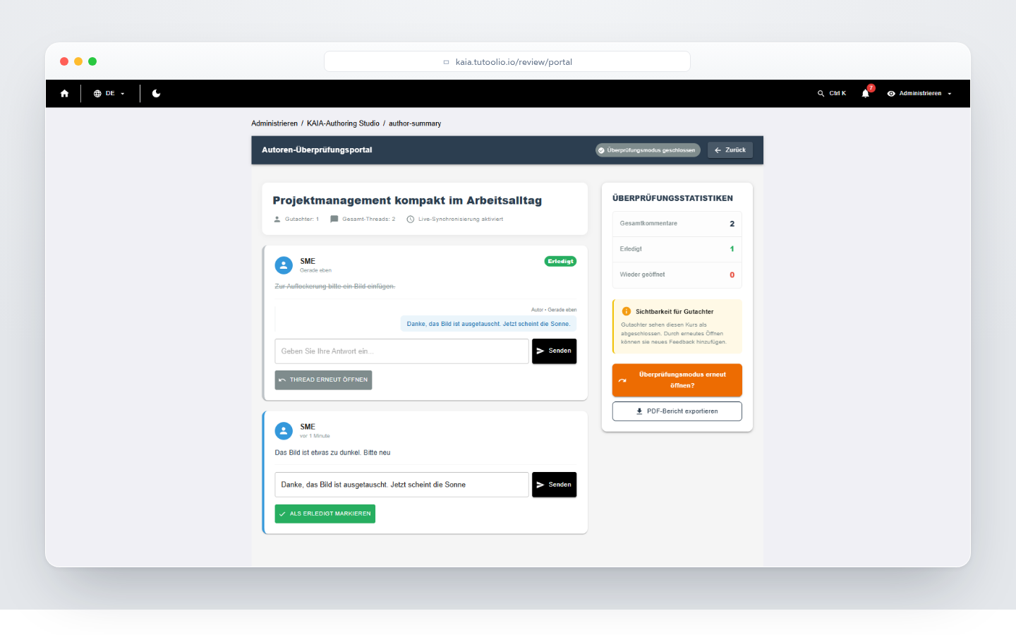 Autorenportal mit Kommentar-Threads und Status