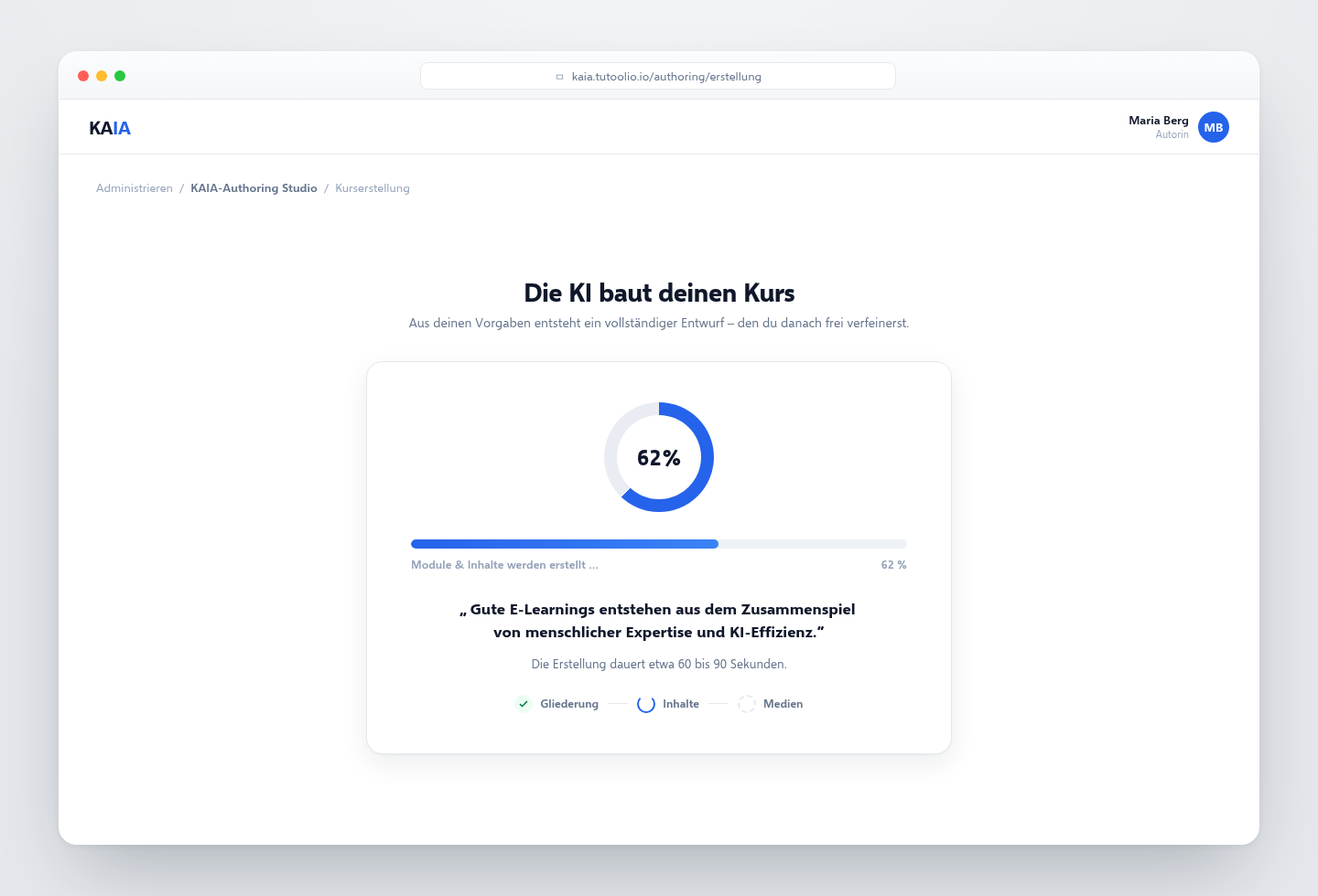 Fortschrittsanzeige, während KAIA den Kurs erstellt
