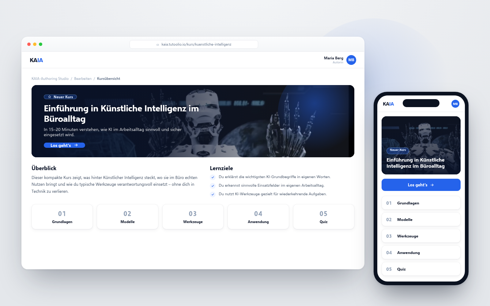 KAIA Kursübersicht im Browser mit passender mobiler Ansicht daneben